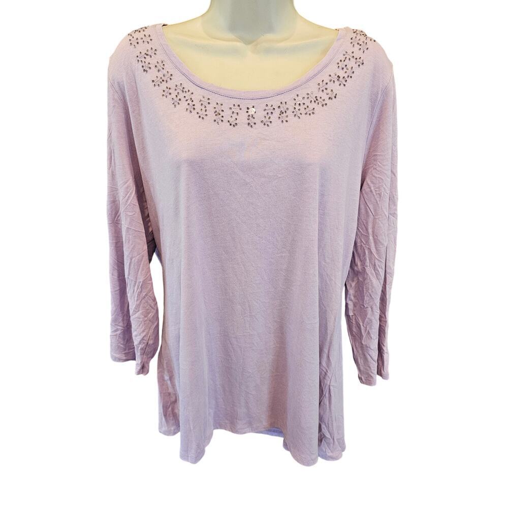 J.jill soft shimmer tee lavanded sequin neckline long sleeve light casual top XL